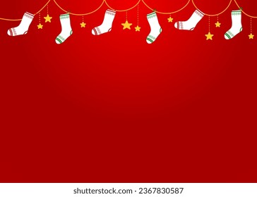 Calcetines de Navidad colgados en el vector de fondo rojo degradado