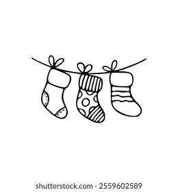 Christmas socks hanging on a line coloring page