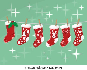 Christmas socks hanging on rope on colorful background, vector