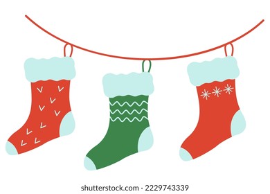 Christmas socks hanging on a rope. A colorful sock for winter holidays. Home decoration, gift for gift. Merry Christmas. Vector illustration of cute Christmas socks.