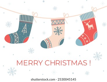 Christmas socks hanging on rope on white background with snowflakes. Christmas greeting card with with stockings. Vector flat illustration. 