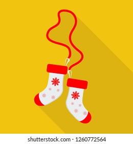 Christmas socks icon in flat style with long shadow, isolated vector illustration on yellow transparent background