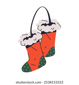 Christmas socks icon isolated on background. Vector sticker or clipart. New Year stocking sign. Soft felt cloth for home decoration on winter holidays. Cozy foot clothing for Santa's gifts. Hand drawn