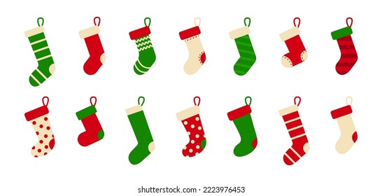 Christmas socks icon set. Striped and dotted hanging stocking