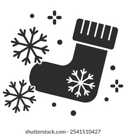 christmas socks icon, snowflake symbol, flat vector illustration on white background