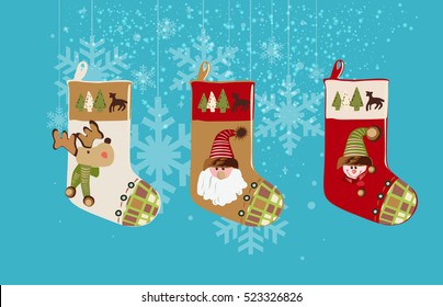 Christmas socks isolated in blue background. snow, vector