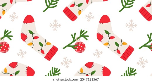 Christmas socks with christmas lanterns seamless pattern. Christmas stockings pattern. Flat vector illustration on white background.