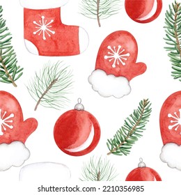 Christmas socks and mitten seamless pattern. Pine branch. Vector illustration