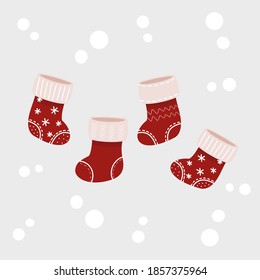 Weihnachtssocken auf blauem Hintergrund mit Schnee. Rot und Weiß. Vektorgrafik.