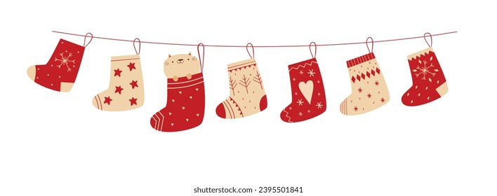 Christmas socks on a rope with a cute cat. Vector Christmas illustration.