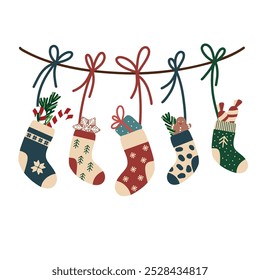 Christmas socks on a rope with gifts for children. Gift box, gingerbread cookies. Cotton or wool sock with various patterns, snowflakes, herringbones, geometric patterns. Flat vector illustration.