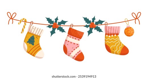 Christmas socks on a string. Vector illustration