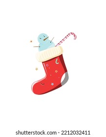 Christmas socks ornament with snowman holding cane isolated on white background. Red ice skate Xmas vector illustration. Perfect for coloring book, textiles, icon, web, painting, books, t-shirt print.