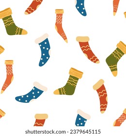 Christmas socks pattern design, White winter repeat background. Holiday vector seamless pattern for kids fabric design. 