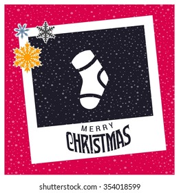 Christmas socks, photo frame with Snowflake border and creative typography in footer on glowing Vector background, 