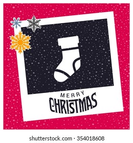 Christmas socks, photo frame with Snowflake border and creative typography in footer on glowing Vector background, 