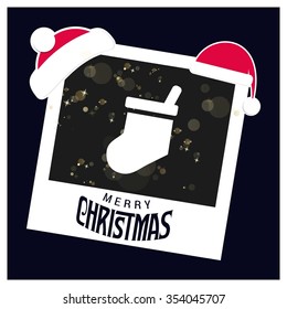 Christmas socks. Picture frame with Santa Hat on top and Merry Christmas typography on glowing Snowflakes Vector background