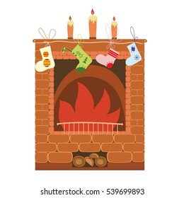 Christmas socks with a present on color fireplace in flat style vector illustration.Template for Greeting Scrap booking, Congratulations, Invitations. Christmas fireplace isolated.