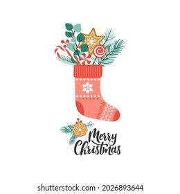 Christmas socks with presents and sweets isolated on white background. Merry christmas lettering. Festive vector Illustration.