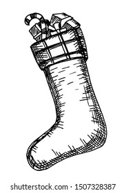 Christmas Socks with Presents. Winter Vector. Christmas sock sketch. Traditional holiday decor. For greeting and invitation cards, banners, postcards