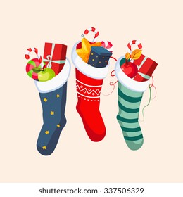 Christmas Socks with Presents. Winter Vector Illustration