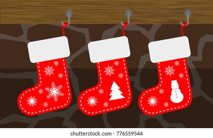 Christmas socks, red color, fireplace background 