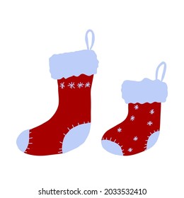 Christmas socks are red, with snowflakes and patches. Vector illustration on a white background.