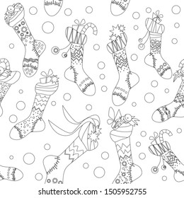 Christmas socks seamless pattern. Coloring for kids and adults. Vector illustration.