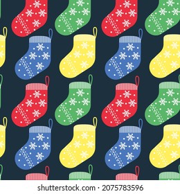 Christmas socks seamless pattern. New Year festive holidays background. Isolated on black vector illustration.