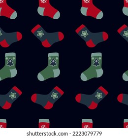 Christmas socks seamless pattern. Red, blue, green socks on a dark background. Vector texture. Trendy print for textile and packaging, background.