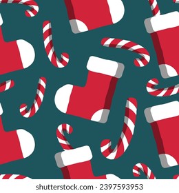 Christmas socks seamless pattern with striped candy canes on a dark green background. Santa socks and mint sticks in cute hand drawn cartoon style.