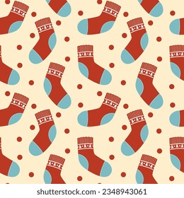 Christmas socks seamless pattern. Vector, flat style. Perfect for textile, wallpaper or print design.
