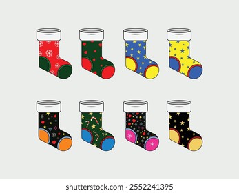 Christmas Socks Set. 25 Dec Celebrating Happy Christmas Day, Socks, Heart, Star, Snowflakes, Flowers, Victor Art illustration.