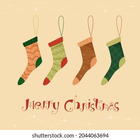 Christmas socks.  set of bright socks . Merry Christmas, background for banners, posters and design. Lettering Merry Christmas on yellow background. Patterned socks,  garlands.Vector illustration