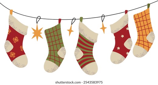 Christmas socks set collection with christmas tree stars decoration