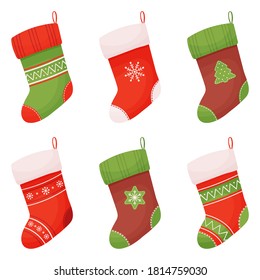Christmas socks. Set of different Christmas socks in cartoon style. Isolated on a white background. Vector illustration.