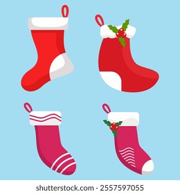 Christmas socks. Set of different Christmas socks in cartoon style. Isolated on a white background. Vector illustration.
