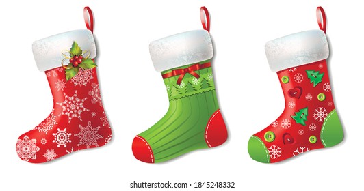 Calcetines de Navidad listos. Diseño de elementos. Ilustración vectorial colorida.