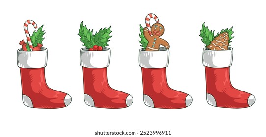 Christmas socks set emblems colorful with wardrobe items filled with gifts and sweets for children party design vector illustration