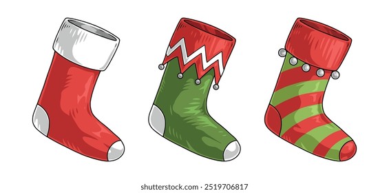 Christmas socks set labels colorful with wardrobe items for collecting new years gifts from Santa Claus vector illustration