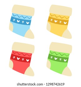 Christmas socks. Set of christmas socks. Multi colored socks. Vector illustration. EPS 10.