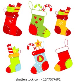 Christmas socks. Set of New year gift stokings. Vector stickers, icons, clip art for seasonal design