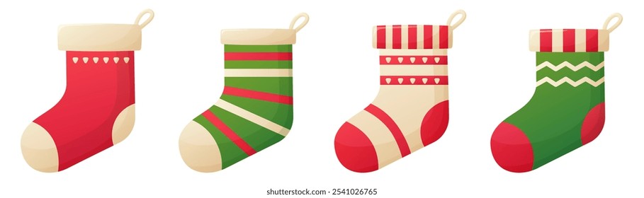 christmas socks set, new year decoration, xmas stockings, santa present, warm winter sock, red, green, white, vector illustration