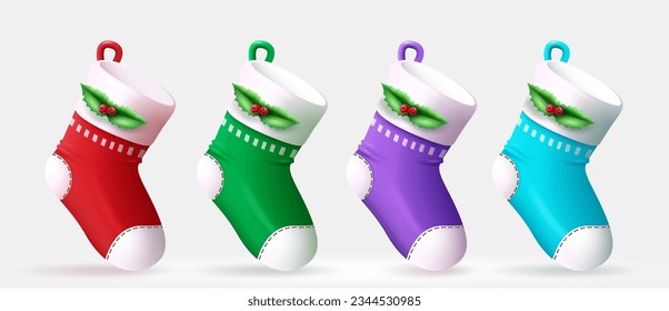 Christmas socks set vector design. Christmas santa socks and colorful stockings ornaments collection for xmas decoration. Vector illustration santa socks colorful collection.
