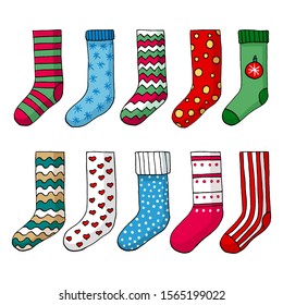 Christmas socks set. Xmas stocking or sock with patterns, snowflakes. Presents, warm winter atmosphere, flat vector isolated icon set