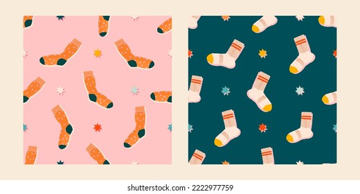 Christmas socks and stars seamless patterns set. Hand drawn colorful cartoon socks on a pink background. Trendy flat illustration for print, web, textile, wrapping paper. Modern childish design.