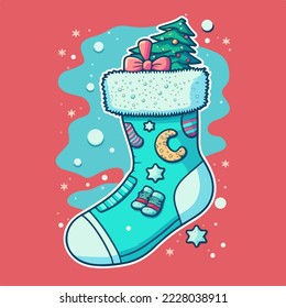 Christmas socks sticker, xmas sock stickers isolated decoration. Winter collection