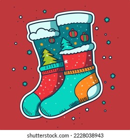 Christmas socks sticker, xmas sock stickers isolated decoration. Multicolor