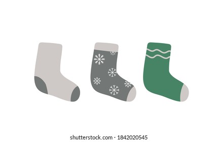 Christmas socks stocking vector illustration, cute hand drawn decorative sock set