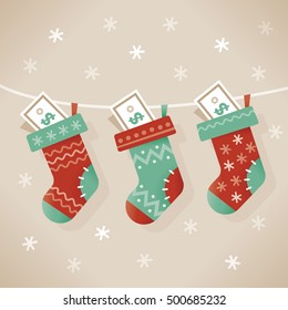 Christmas socks stuffed with money (dollars banknotes). Idea - New year, Christmas and new successful profitable business year, Good wishes, Luck, Win, Big profit, Future investments results etc.